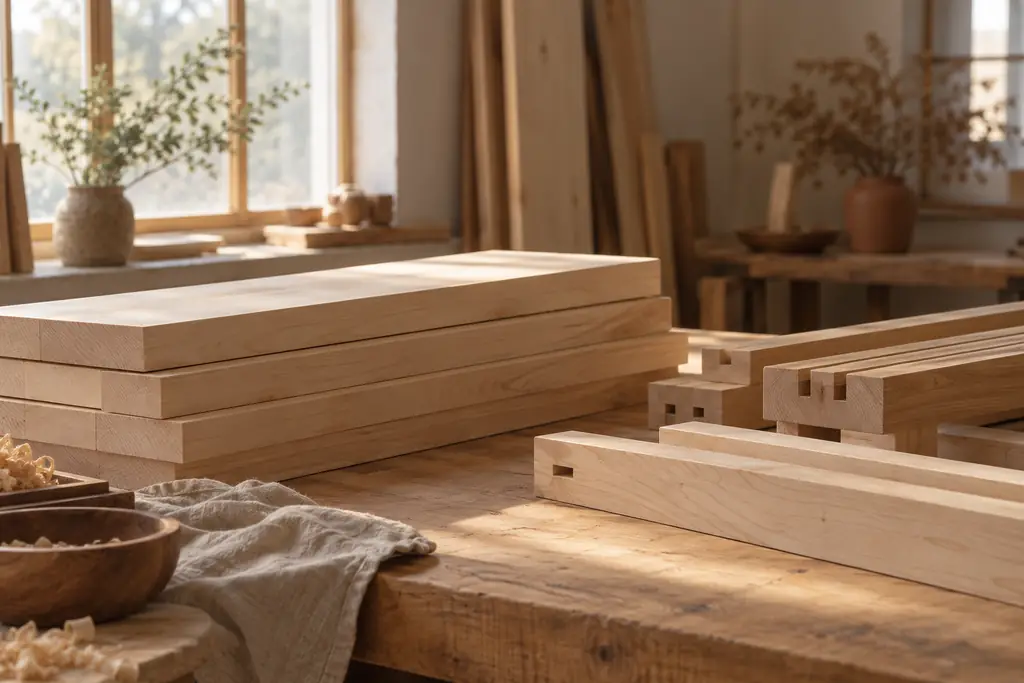 Planed wooden boards and bench parts on a workshop table