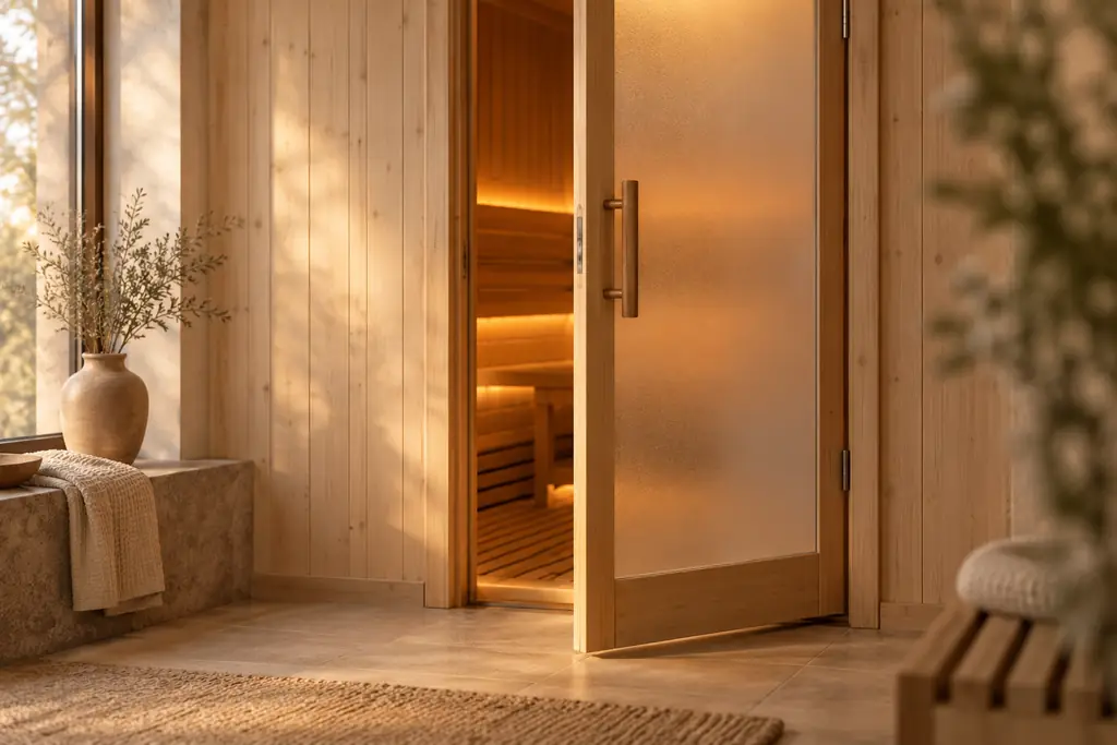 A wooden sauna door standing slightly open