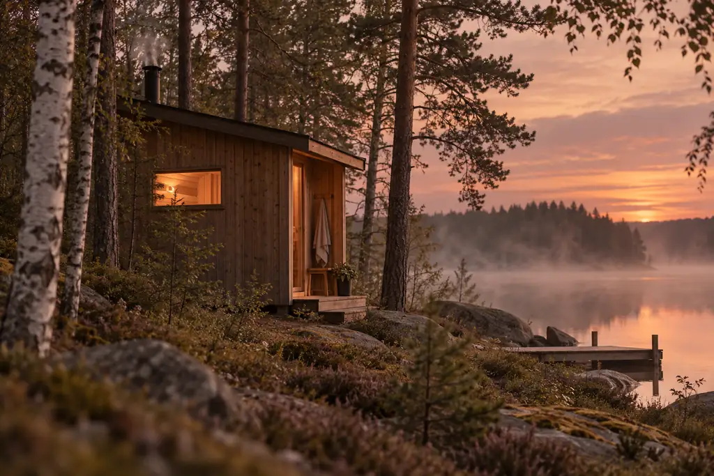 Wooden outdoor sauna cabin among trees at dusk