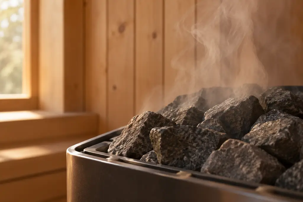 Sauna heater stones with rising steam