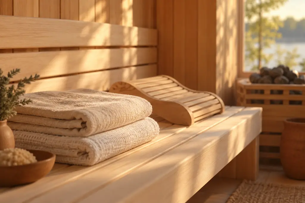 Folded towels and a wooden headrest on a sauna bench