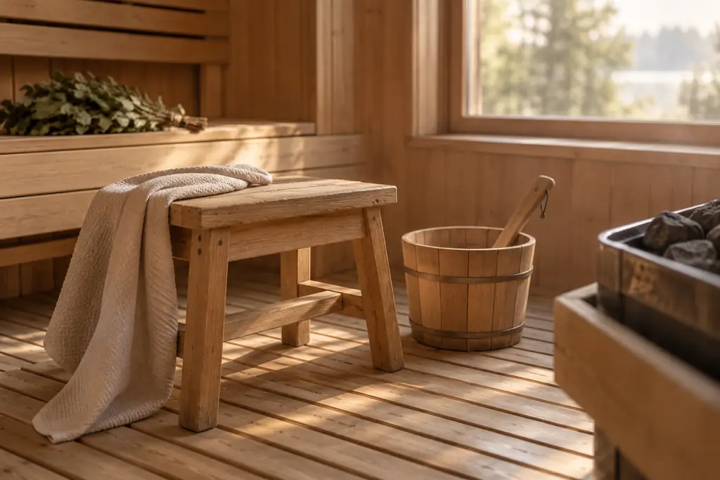 A wooden sauna stool and bucket on a slatted floor