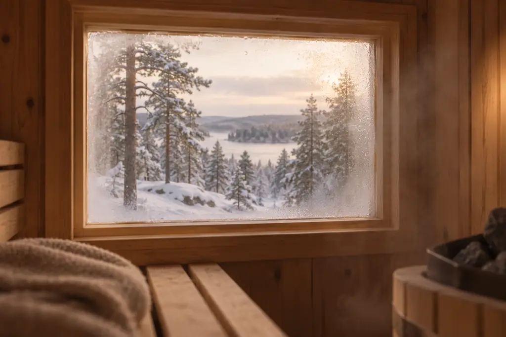 A snowy forest seen through a sauna window